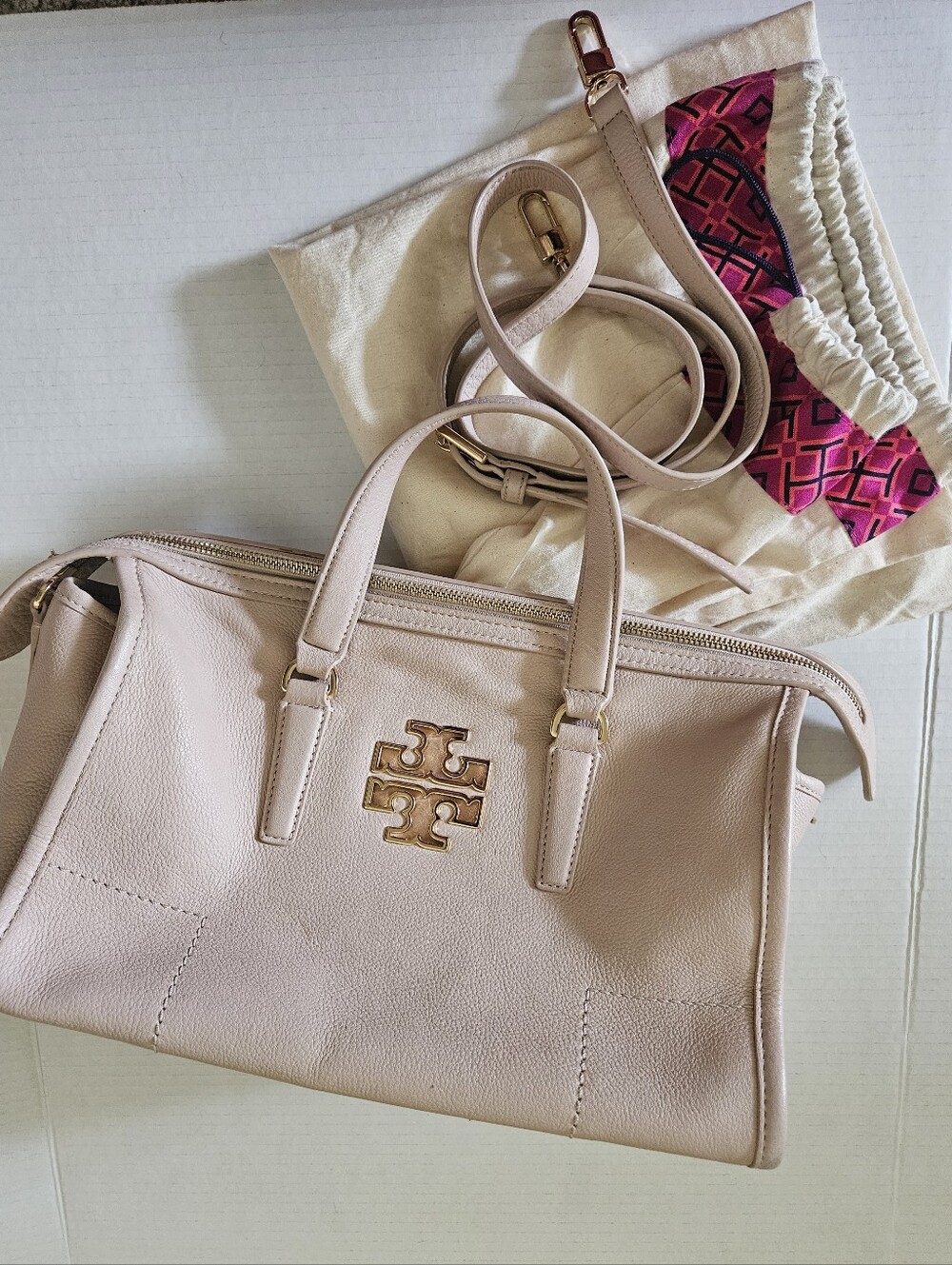 Tory Burch Beige Leather Satchel with Gold Logo